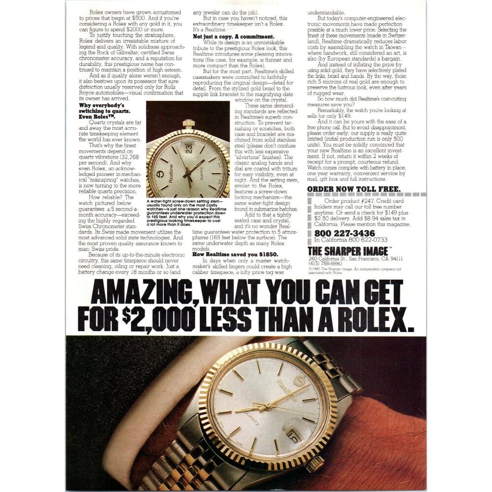1980 The Sharper Image Realtime Men's Watch Vintage Print Ad 80s Fashion Art